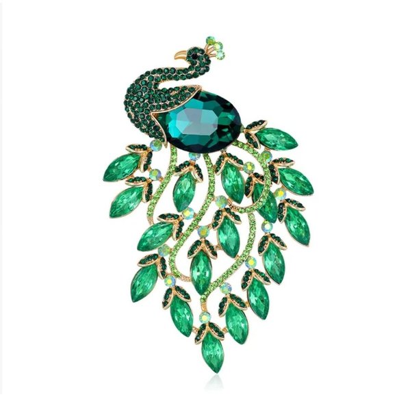 Unbranded Jewelry - Brooch Large Peacock Gold Tone with Green & Teal Rhinestones